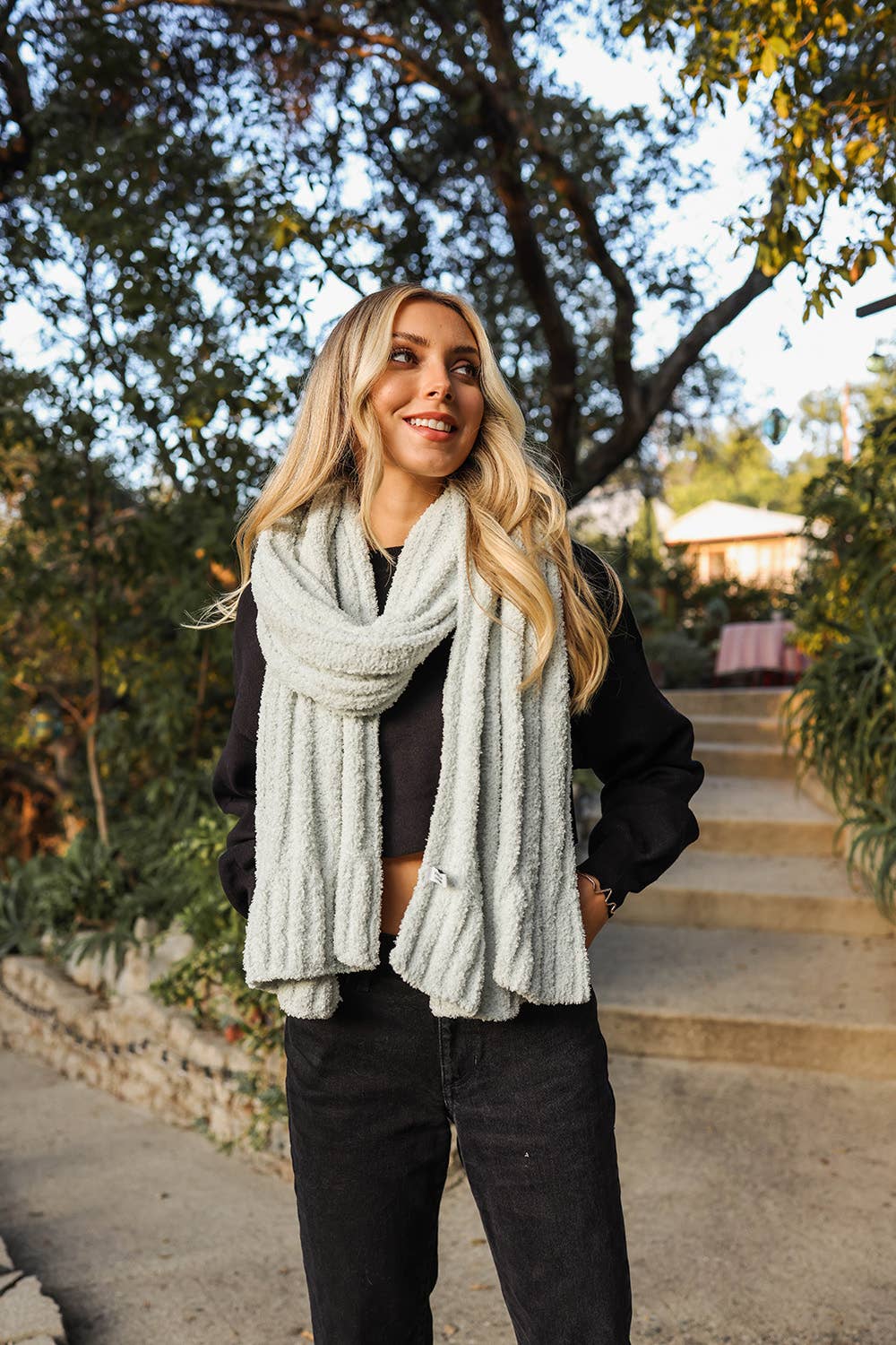 Ultra Soft Boucle Vertical Knit Scarf: Bone