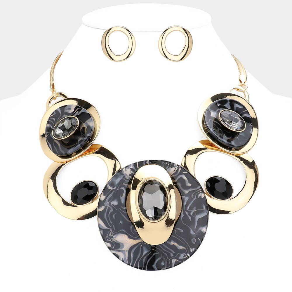 Celluloid Acetate Glass Stone Metal Statement Necklace: Silver,White