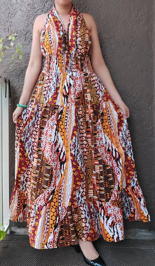 3028L Women Long Smocked Dress - Brown