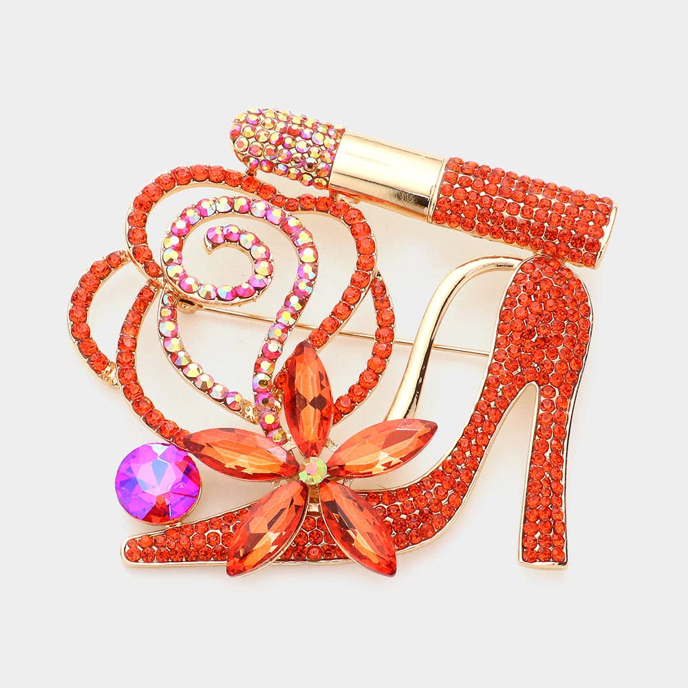 Rhinestone Pave High Heel Flower Lipstick Brooch: Gold
