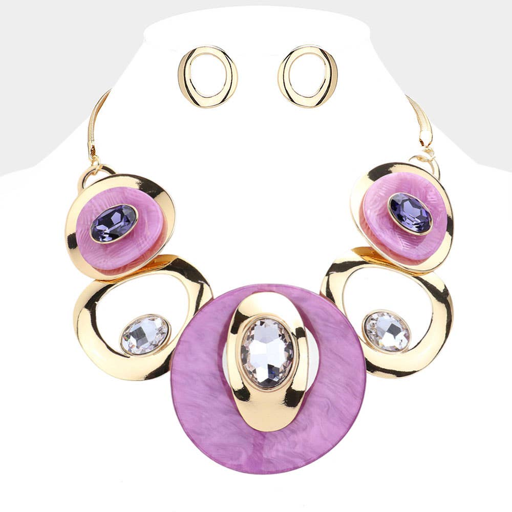 Celluloid Acetate Glass Stone Metal Statement Necklace: Silver,White