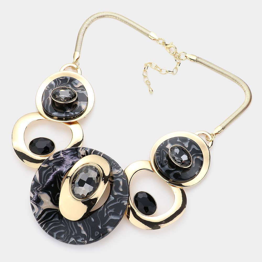 Celluloid Acetate Glass Stone Metal Statement Necklace: Silver,White