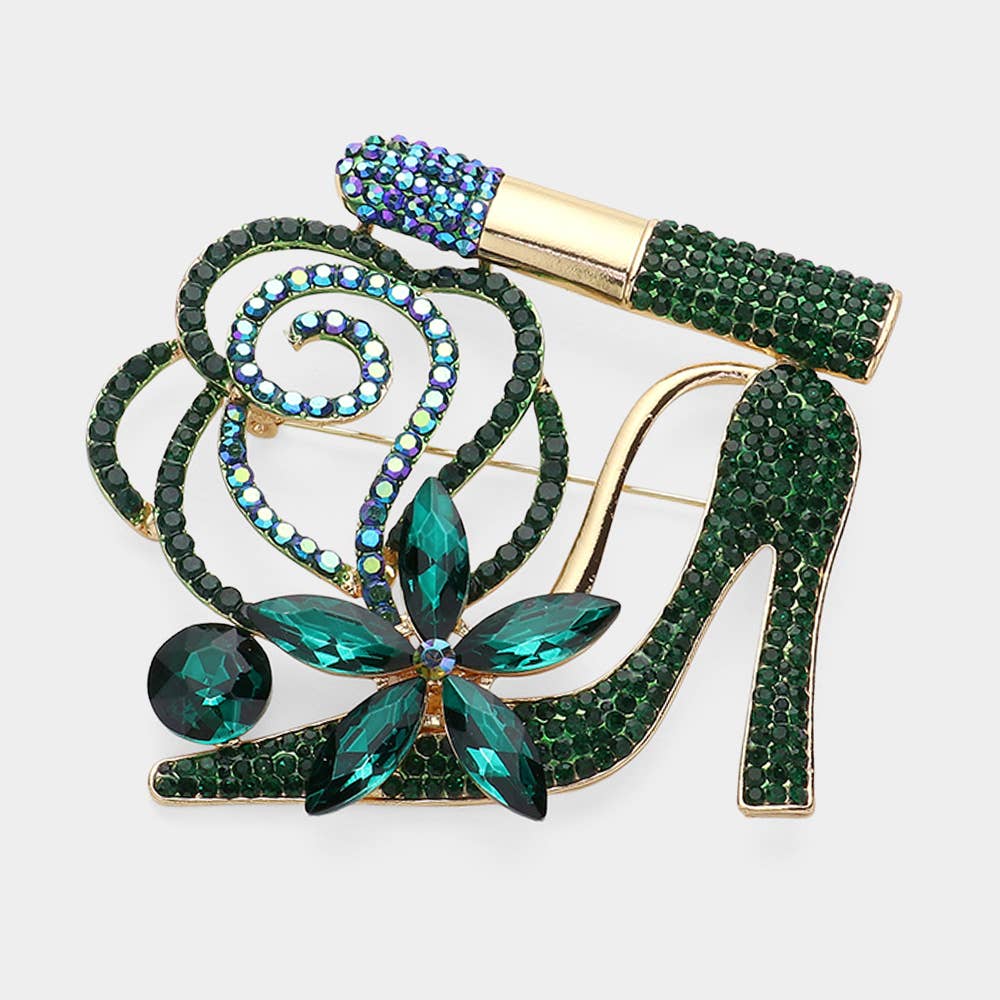 Rhinestone Pave High Heel Flower Lipstick Brooch: Silver