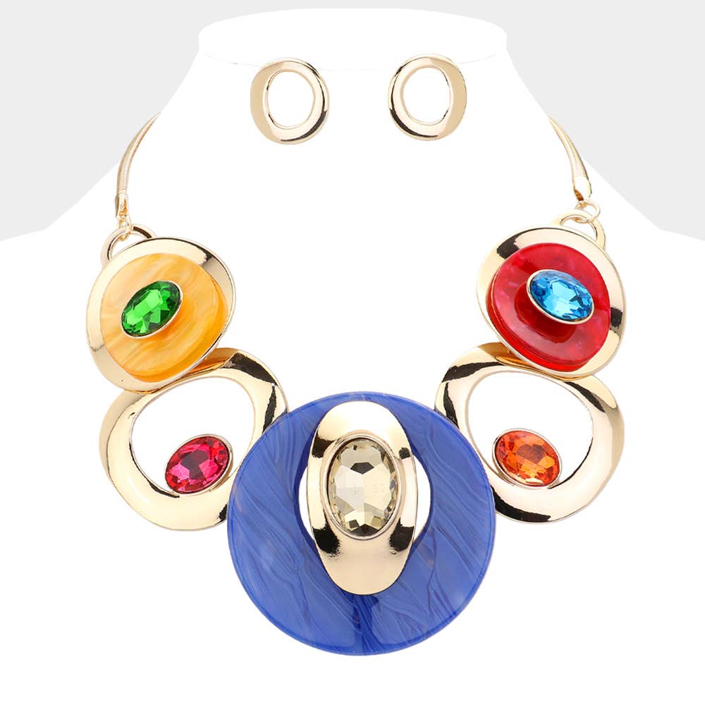 Celluloid Acetate Glass Stone Metal Statement Necklace: Silver,White