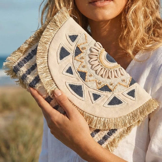 Beaded Fringe Trim Mandala Clutch Bag: NAVY