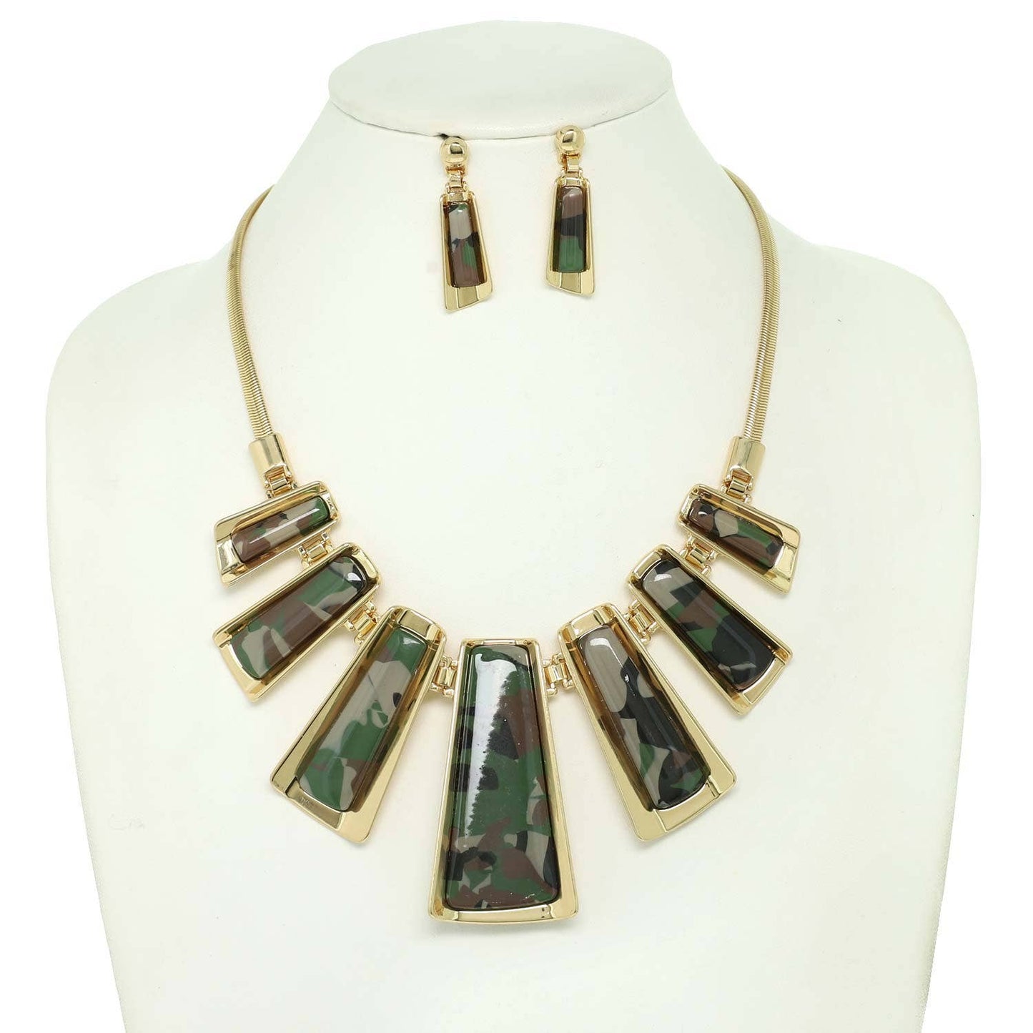 Gemstone Trapezoid Fringe Snake Chain Necklace Set: Camoflauge