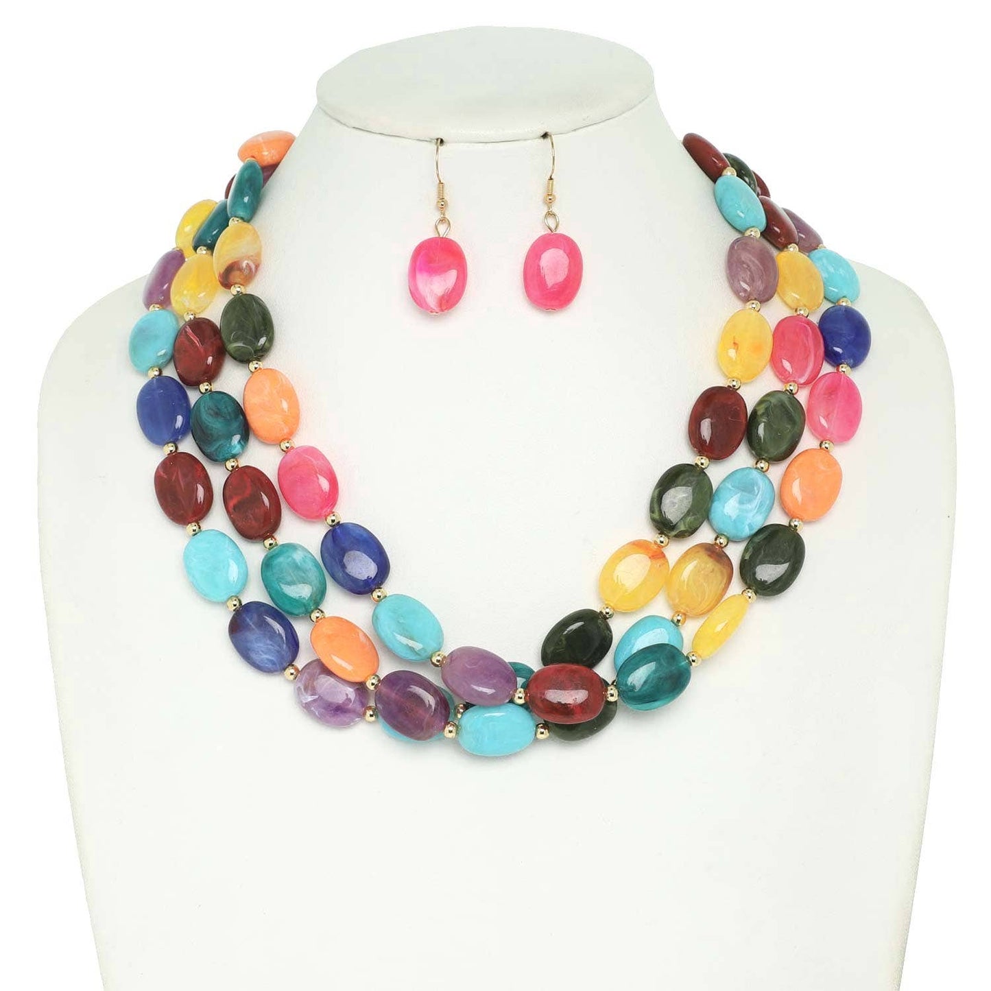 Multi Strand Natural Gemstone Beaded Necklace Set: Pink