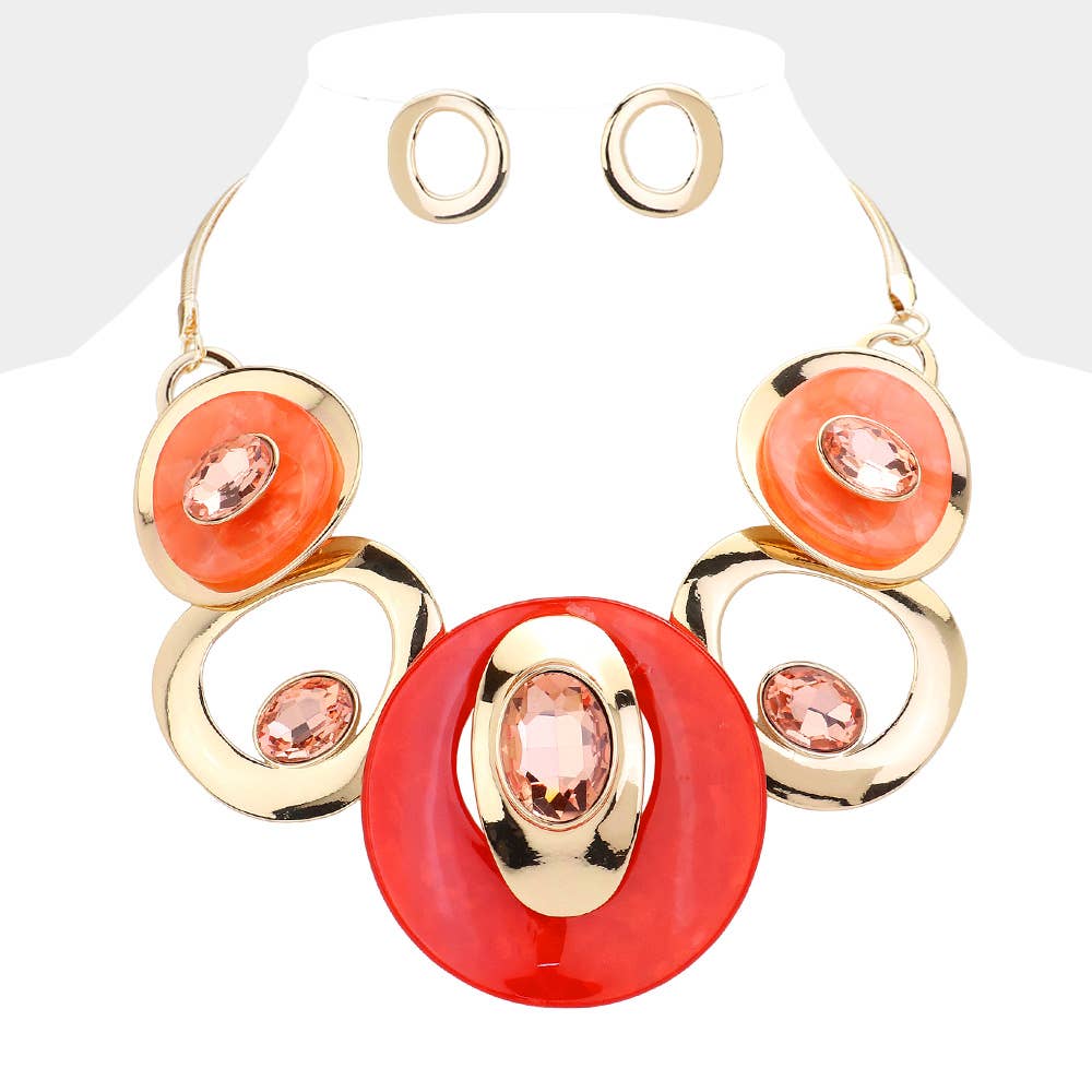 Celluloid Acetate Glass Stone Metal Statement Necklace: Silver,White