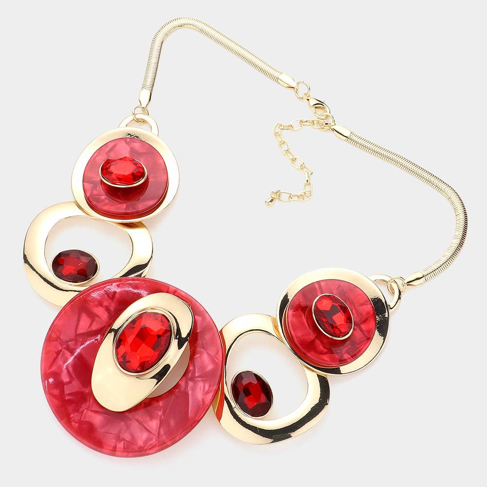 Celluloid Acetate Glass Stone Metal Statement Necklace: Silver,White