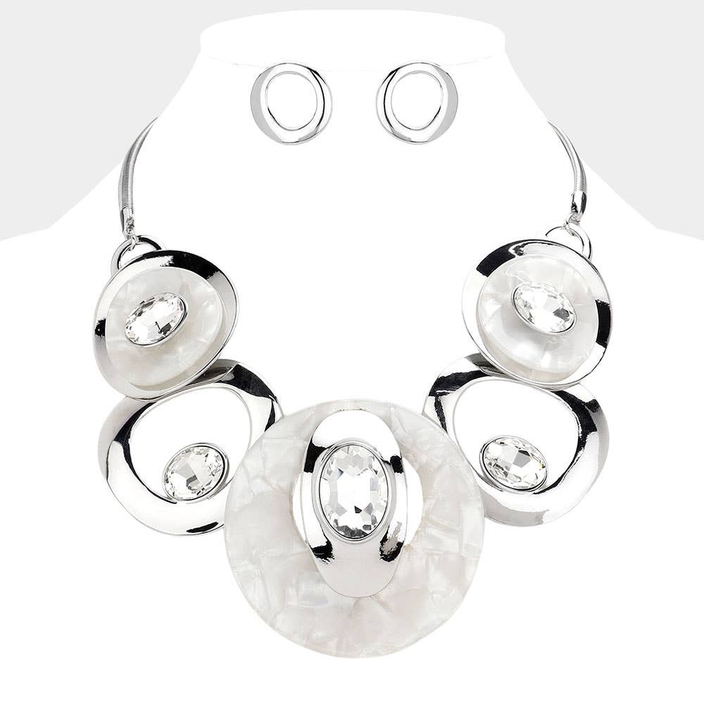 Celluloid Acetate Glass Stone Metal Statement Necklace: Silver,White