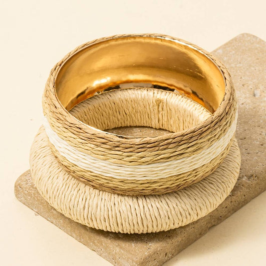 2Pc Mixed Straw Weave Bangle Bracelet Set: MULTI