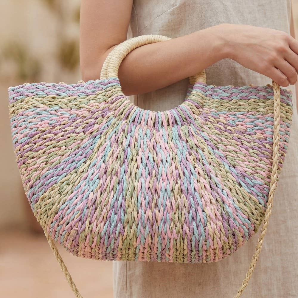 Multi Tone Straw Half Moon Round Handle Tote Bag: BEI