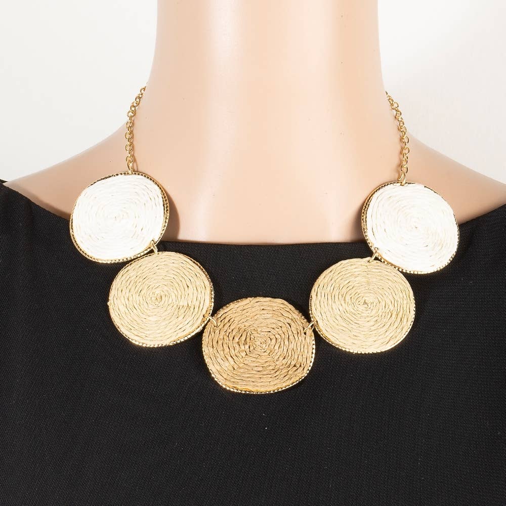 3 Tone Straw Discs Statement Chain Necklace: MU