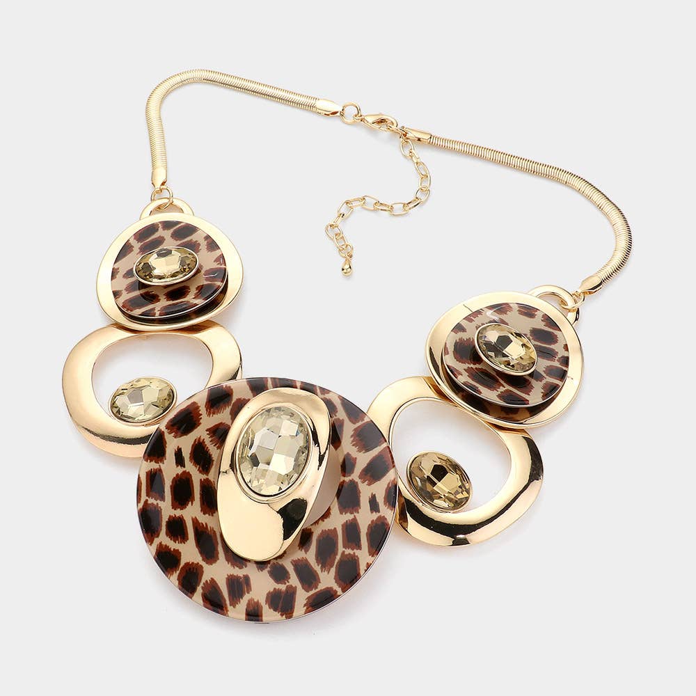 Celluloid Acetate Glass Stone Metal Statement Necklace: Silver,White