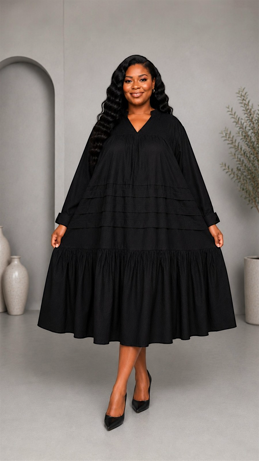 Tiered Midi Dress Black -7580: Black