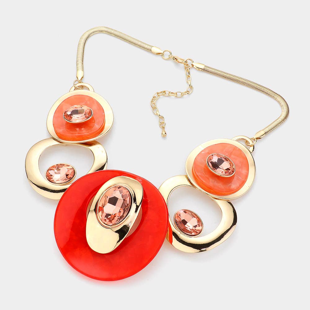 Celluloid Acetate Glass Stone Metal Statement Necklace: Silver,White