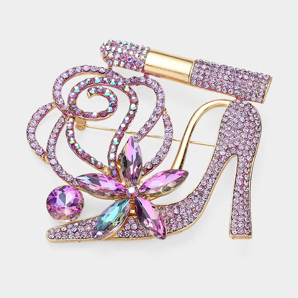 Rhinestone Pave High Heel Flower Lipstick Brooch: Red