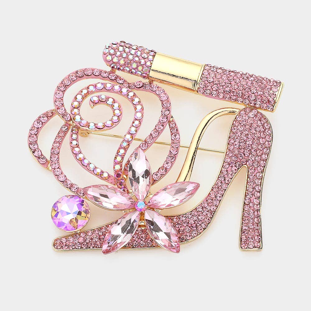 Rhinestone Pave High Heel Flower Lipstick Brooch: Gold