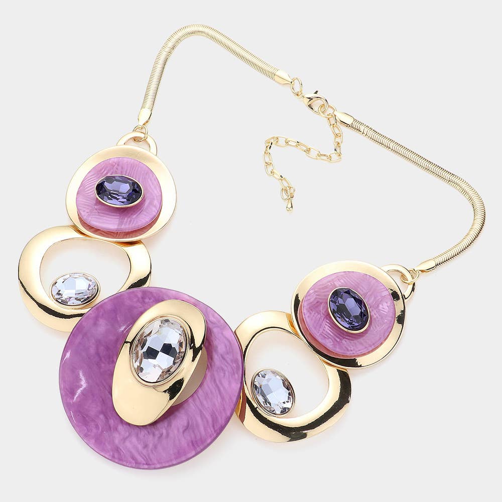 Celluloid Acetate Glass Stone Metal Statement Necklace: Silver,White