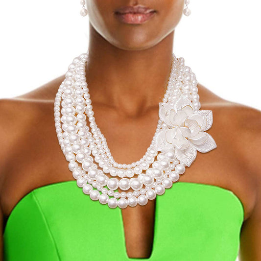 White Pearl Flower Necklace: 20 inches / White / Rhodium