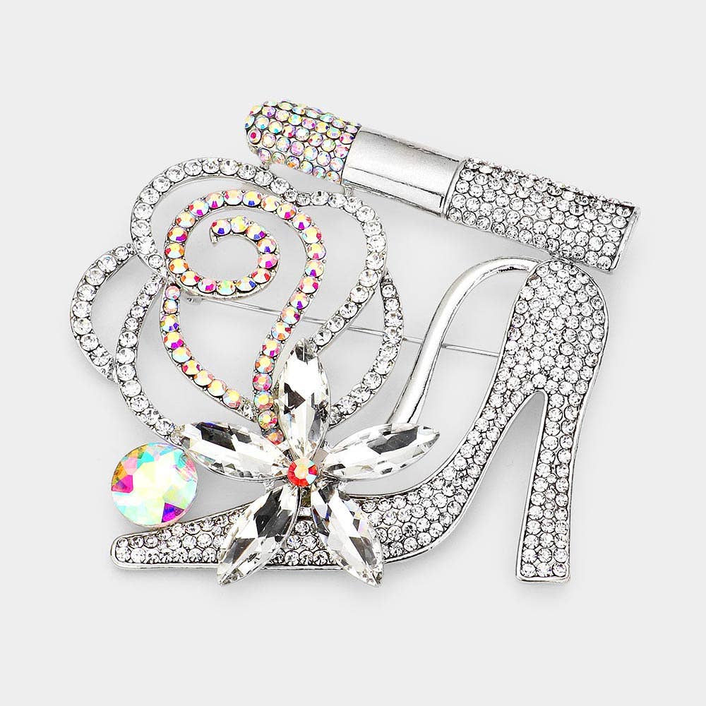 Rhinestone Pave High Heel Flower Lipstick Brooch: Gold