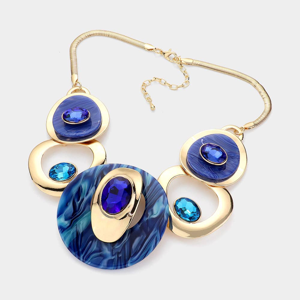 Celluloid Acetate Glass Stone Metal Statement Necklace: Silver,White