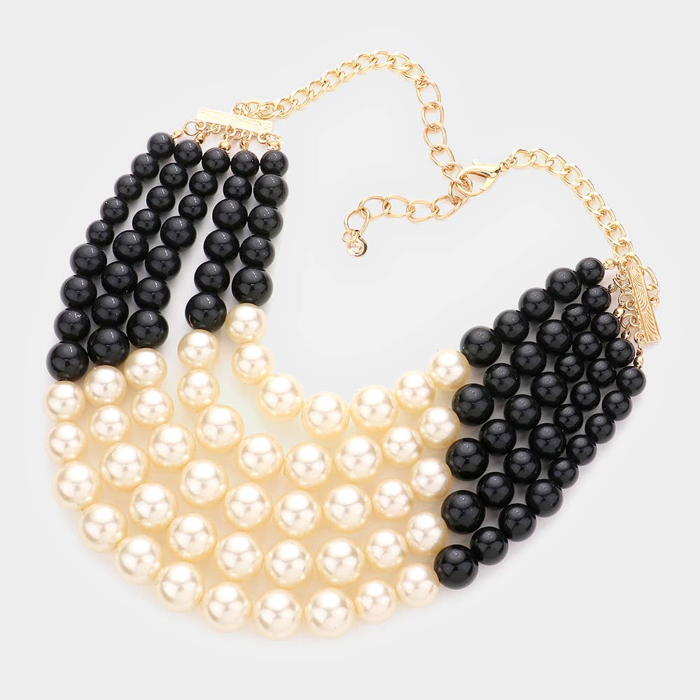 Chunky Multi Strand Pearl Bib Necklace: CREAM BLACK