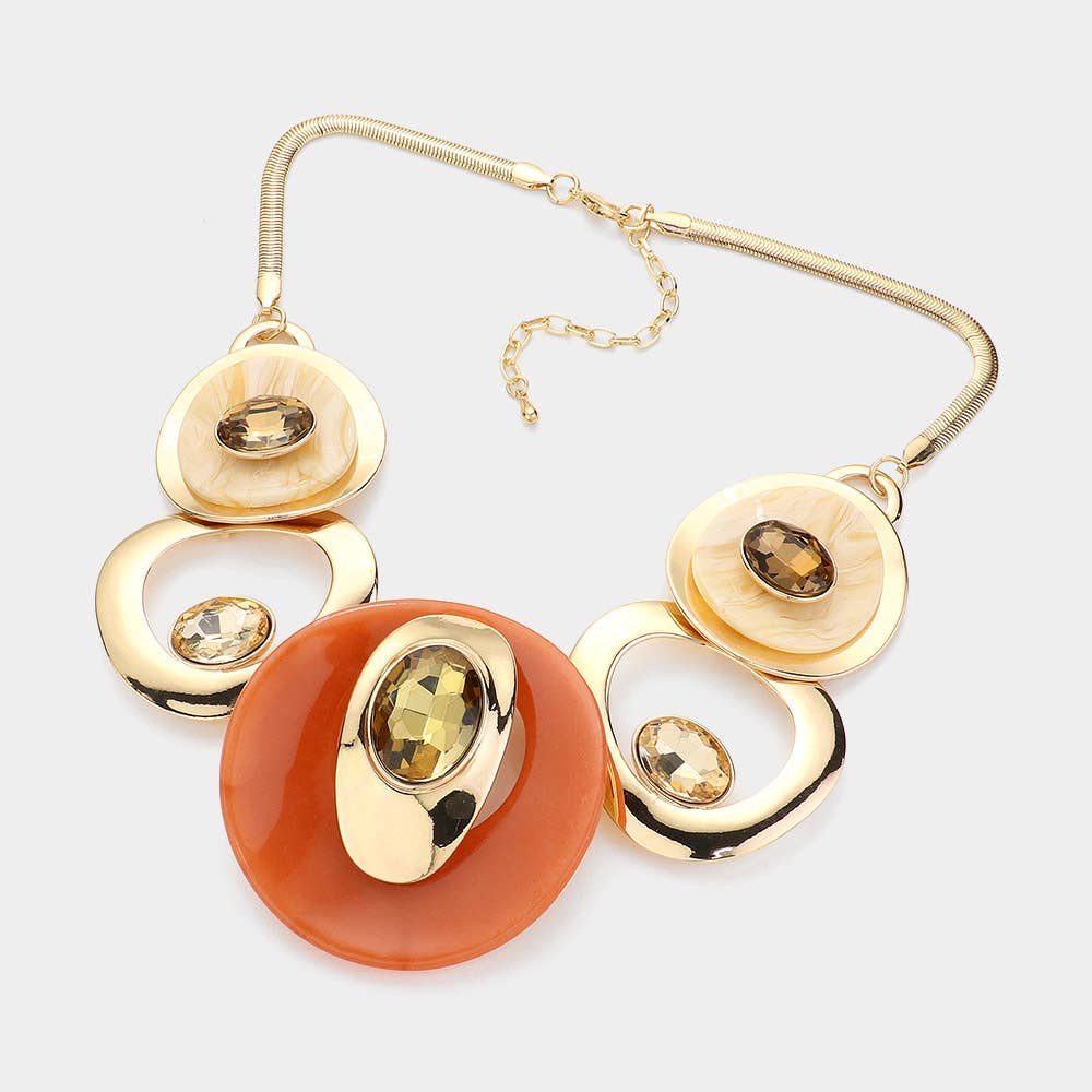 Celluloid Acetate Glass Stone Metal Statement Necklace: Silver,White