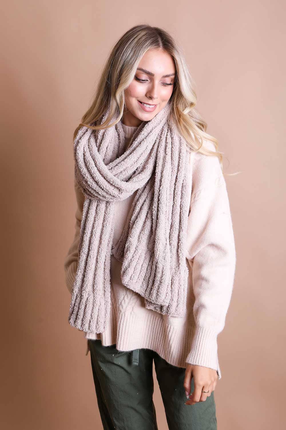 Ultra Soft Boucle Vertical Knit Scarf: Bone