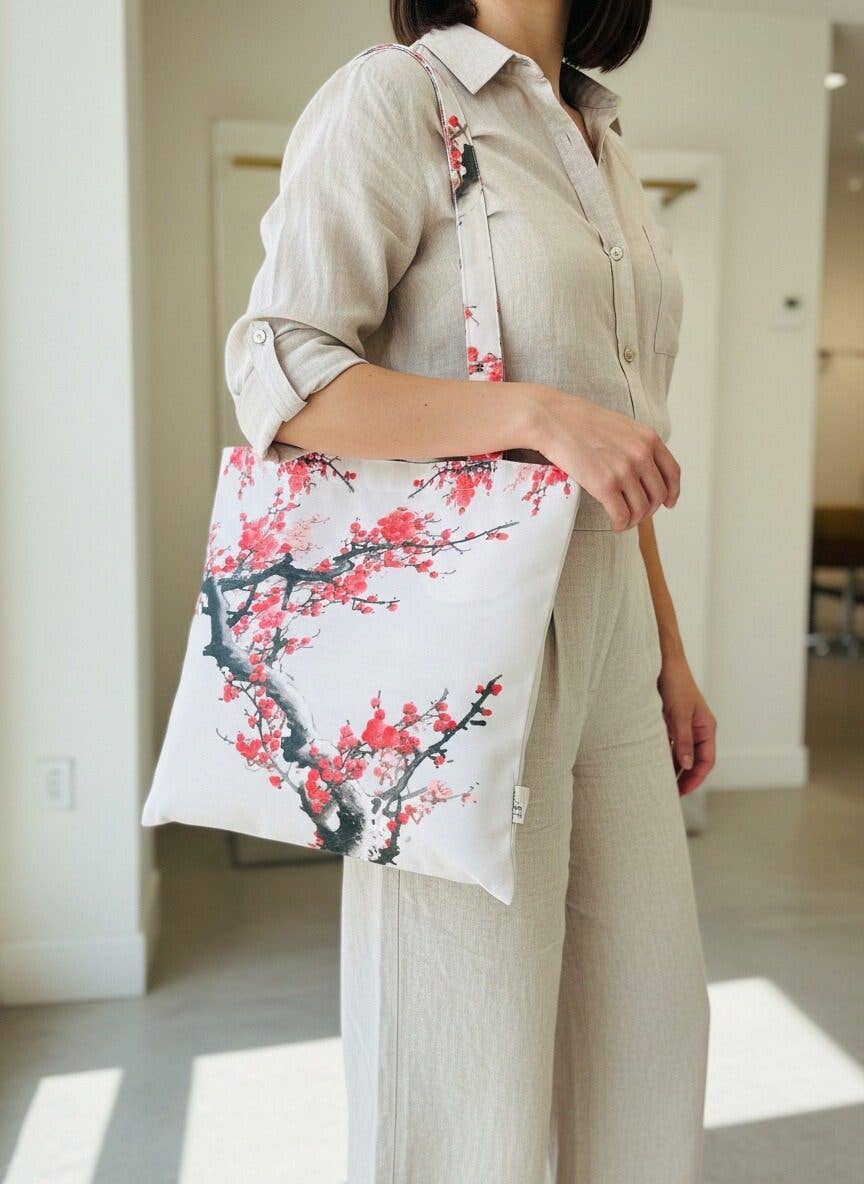 JCFB0249 Red Cherry Blossom Watercolor Painting Luxe Shoulder Bag