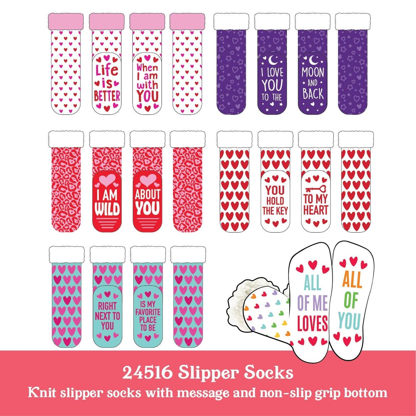 Valentine's Day Plush Slipper Sock Assortment- 6/Pack: Closeout Price