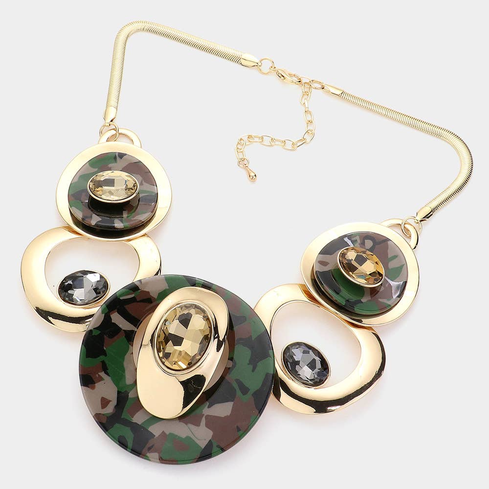 Celluloid Acetate Glass Stone Metal Statement Necklace: Silver,White