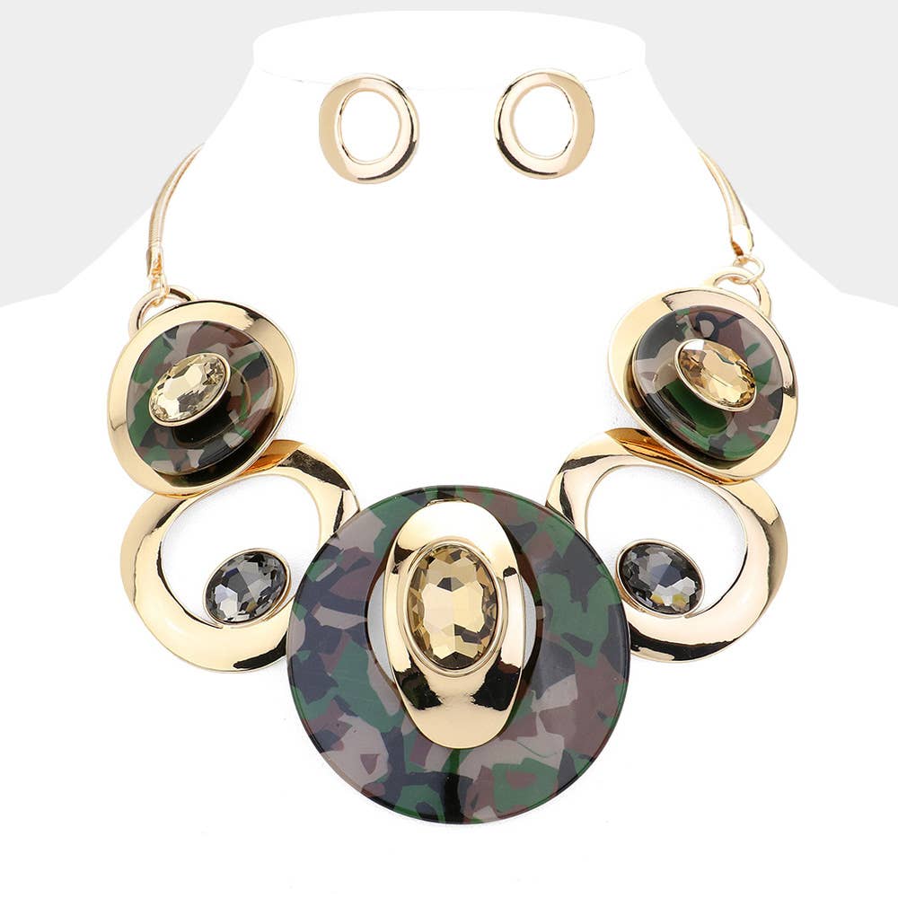 Celluloid Acetate Glass Stone Metal Statement Necklace: Silver,White
