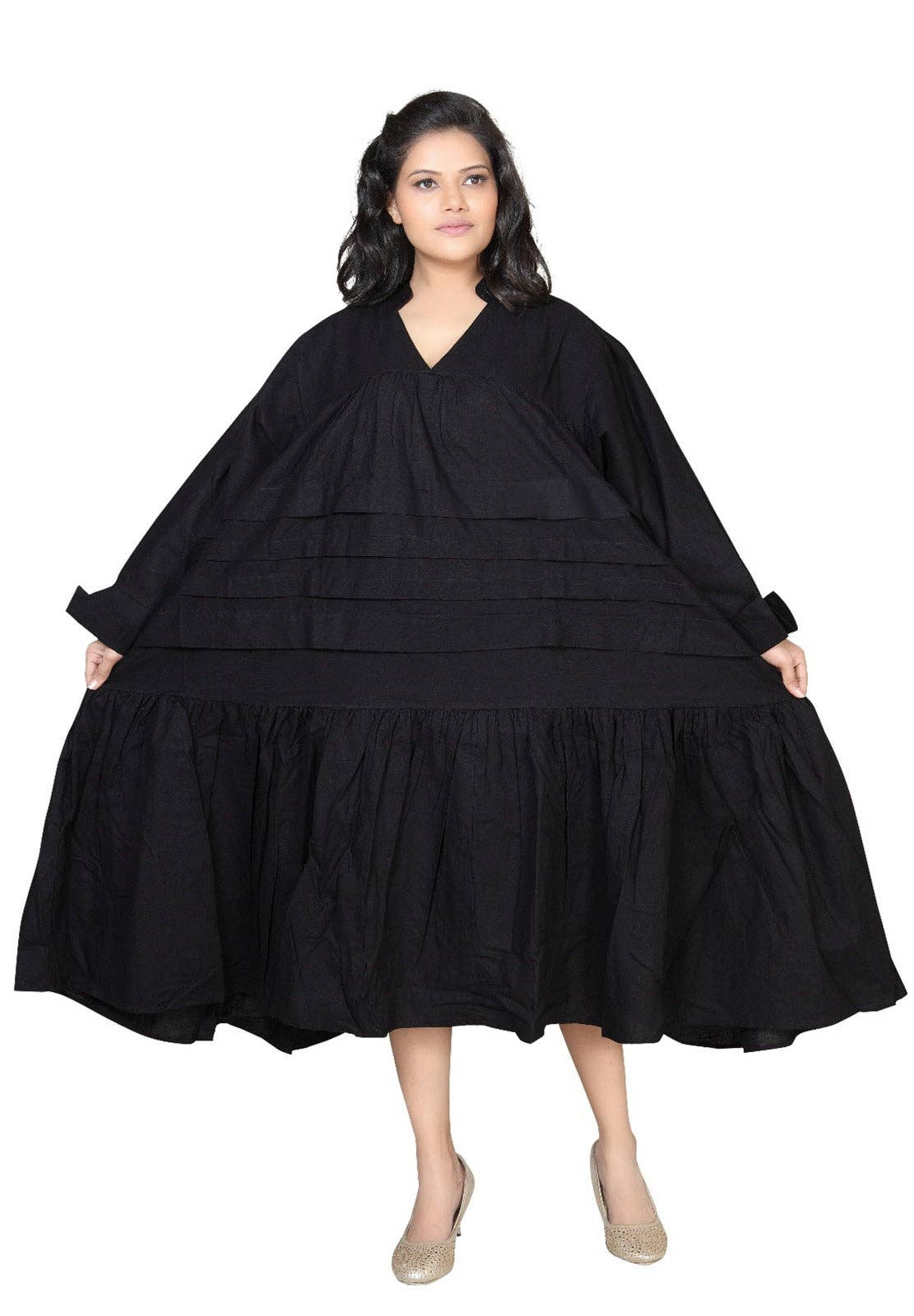 Tiered Midi Dress Black -7580: Black
