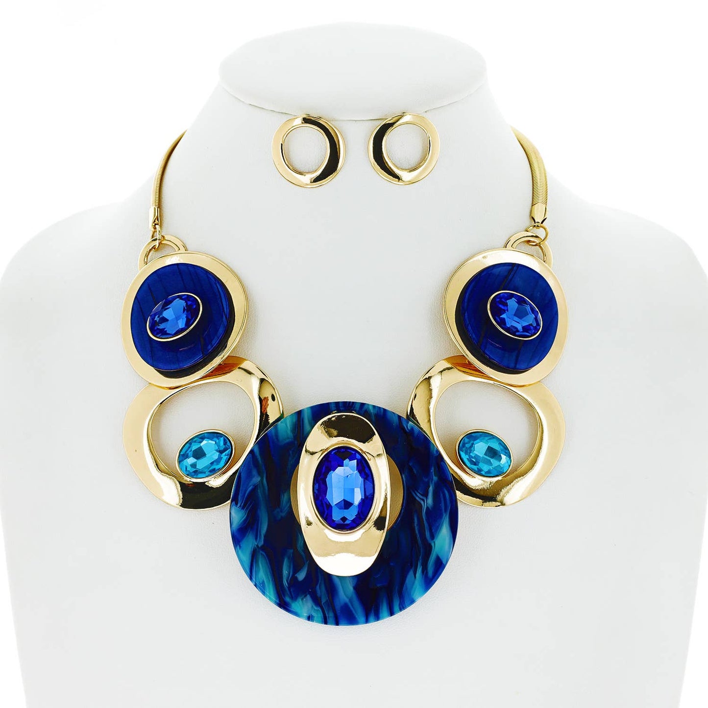 Rhinestone and Acetate Circular Boho Bib Necklace Set: Gold Blue