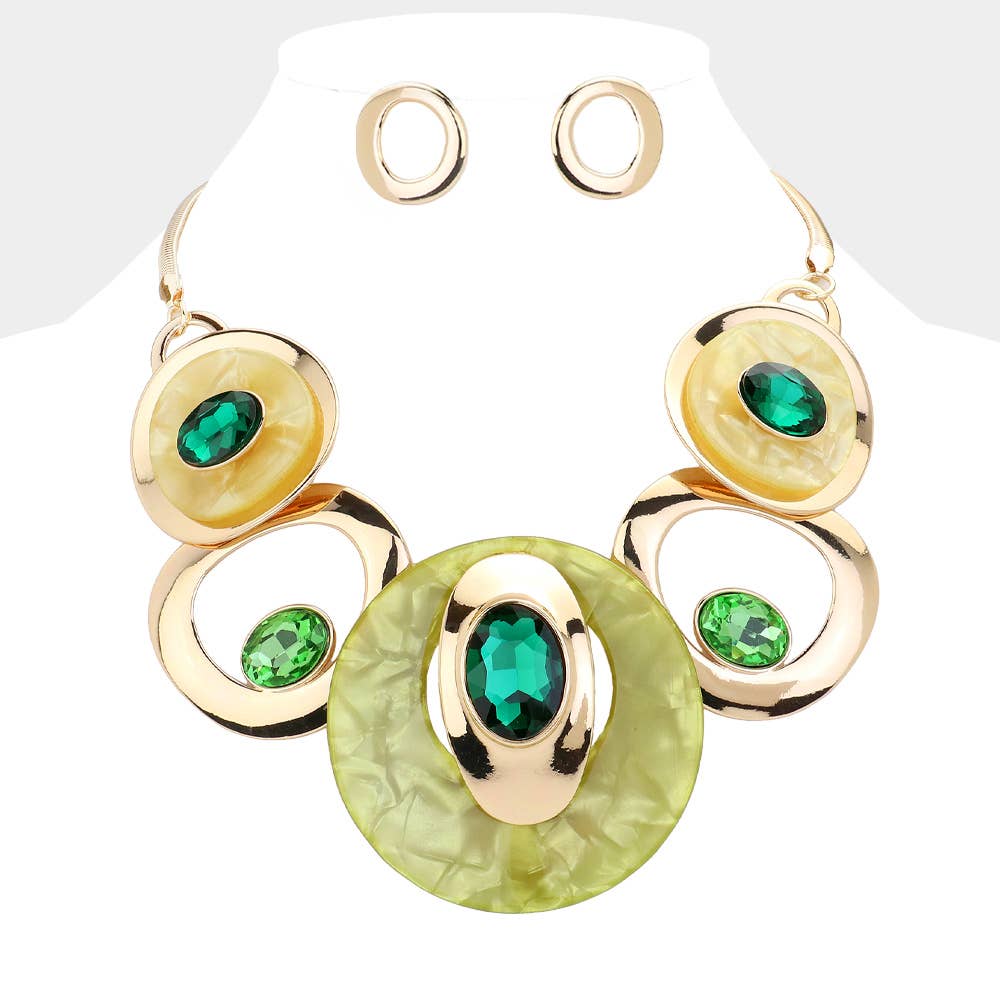 Celluloid Acetate Glass Stone Metal Statement Necklace: Silver,White