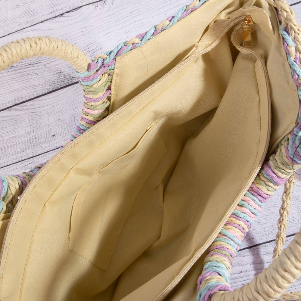 Multi Tone Straw Half Moon Round Handle Tote Bag: BEI