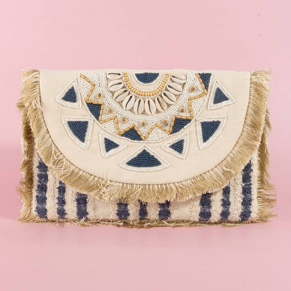 Beaded Fringe Trim Mandala Clutch Bag: NAVY