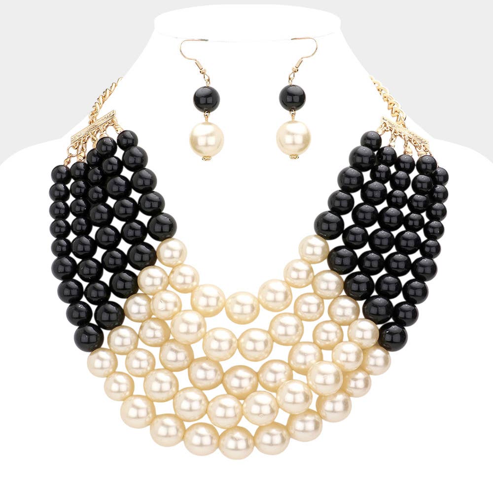 Chunky Multi Strand Pearl Bib Necklace: CREAM BLACK