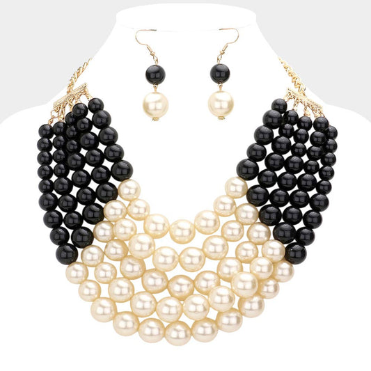 Chunky Multi Strand Pearl Bib Necklace: CREAM BLACK