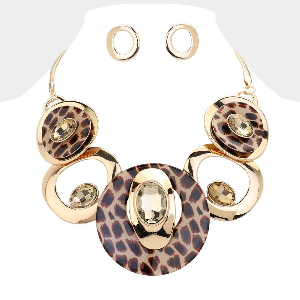Celluloid Acetate Glass Stone Metal Statement Necklace: Silver,White