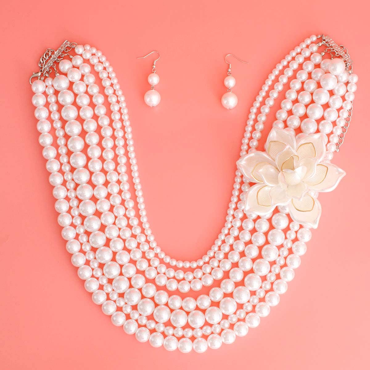 White Pearl Flower Necklace: 20 inches / White / Rhodium