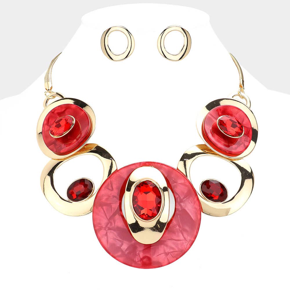 Celluloid Acetate Glass Stone Metal Statement Necklace: Silver,White