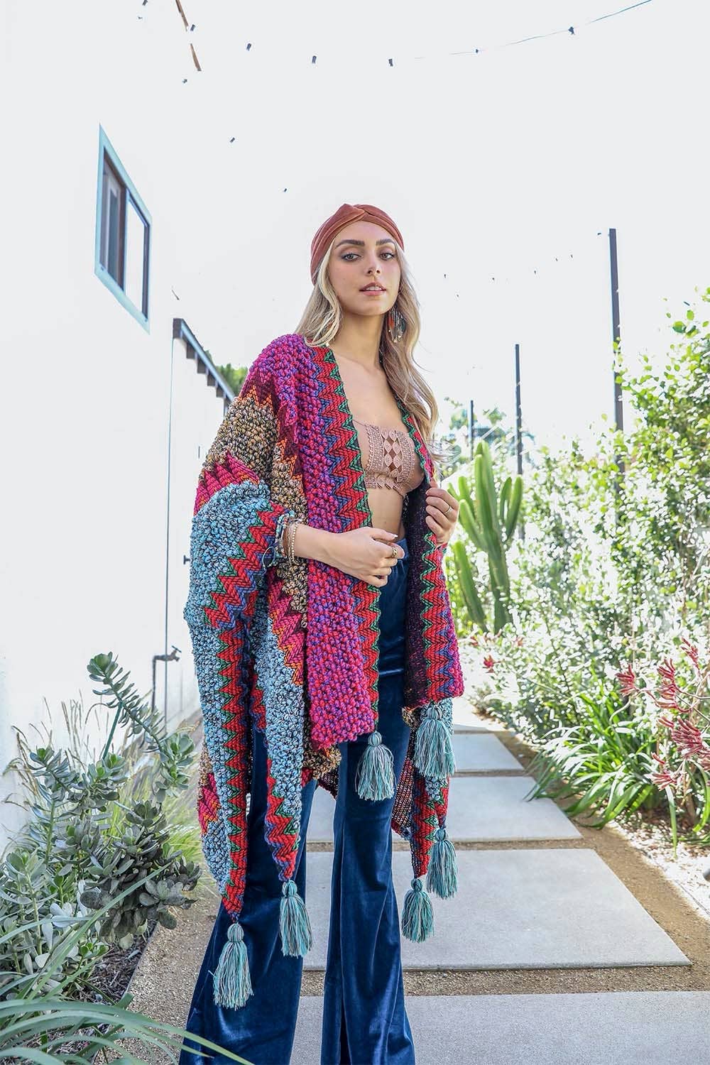 Colorful Crochet Patterned Ruana: Maroon