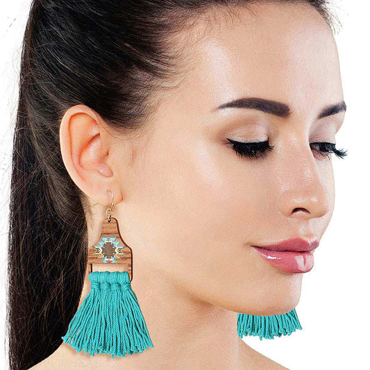 Turquoise Tassel Wooden Earrings: Blue / 3.25 inches / Gold