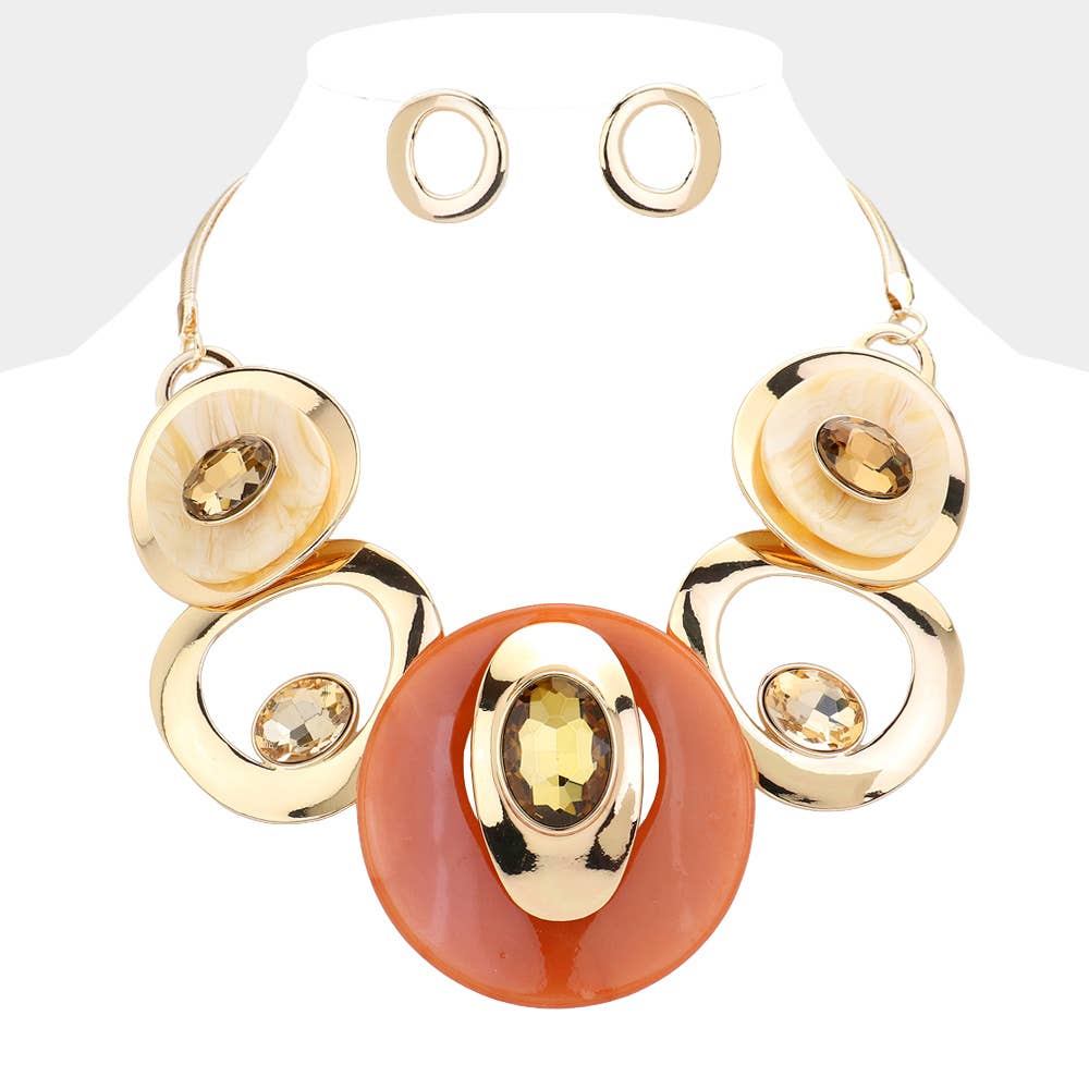 Celluloid Acetate Glass Stone Metal Statement Necklace: Silver,White