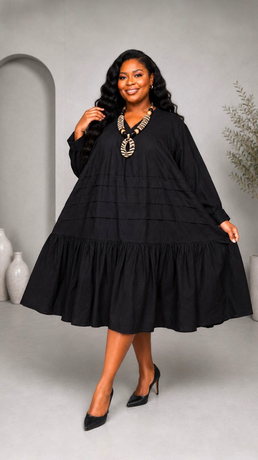 Tiered Midi Dress Black -7580: Black
