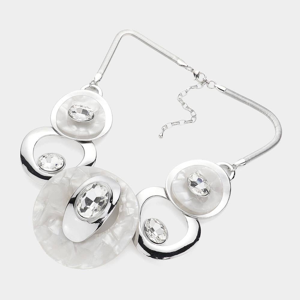 Celluloid Acetate Glass Stone Metal Statement Necklace: Silver,White