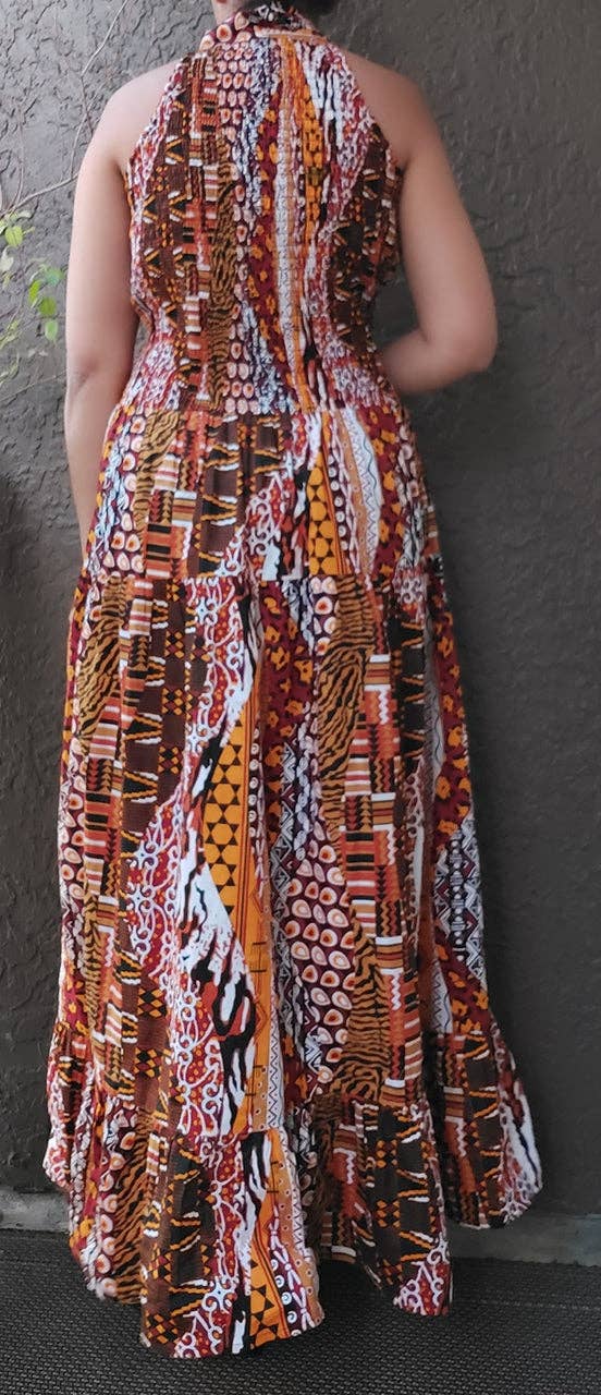 3028L Women Long Smocked Dress - Brown