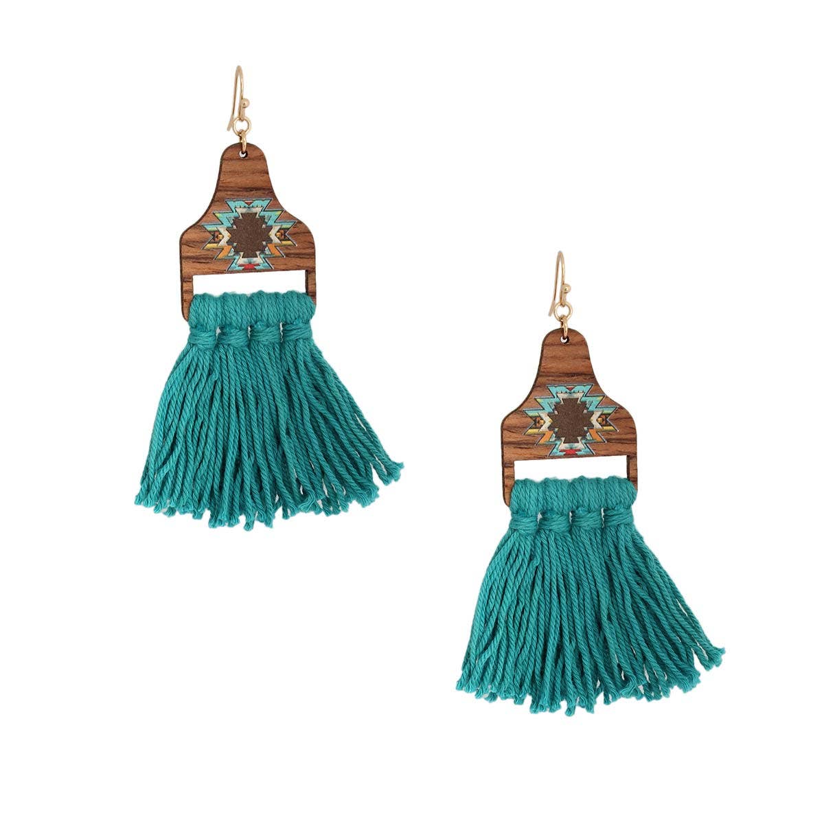 Turquoise Tassel Wooden Earrings: Blue / 3.25 inches / Gold